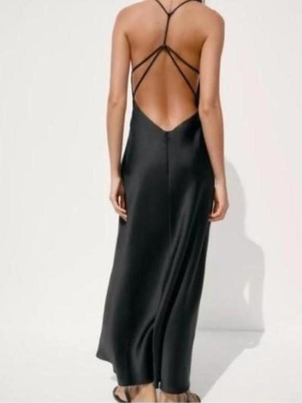 Zara Black Backless Slip Maxi Dress with Thin Straps